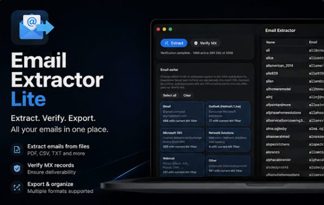 Email Extractor promo: 'Extract. Verify. Export. All your emails in one place.' beside a MacBook showing the email extractor, MX verification and sorter interface
