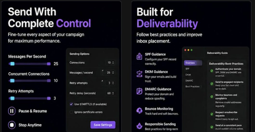 MaxSend Mac App Store screenshots: 'Send With Complete Control' sending options and 'Built for Deliverability' with SPF, DKIM and DMARC guidance and bounce monitoring